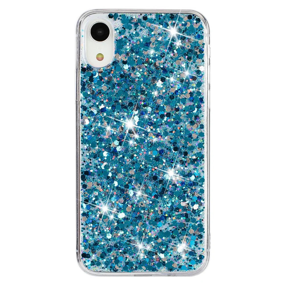 For iPhone XR 6.1 inch TPU Cell Phone Case Drop Protection Epoxy Glittery Sequins Cover - Blue - 1