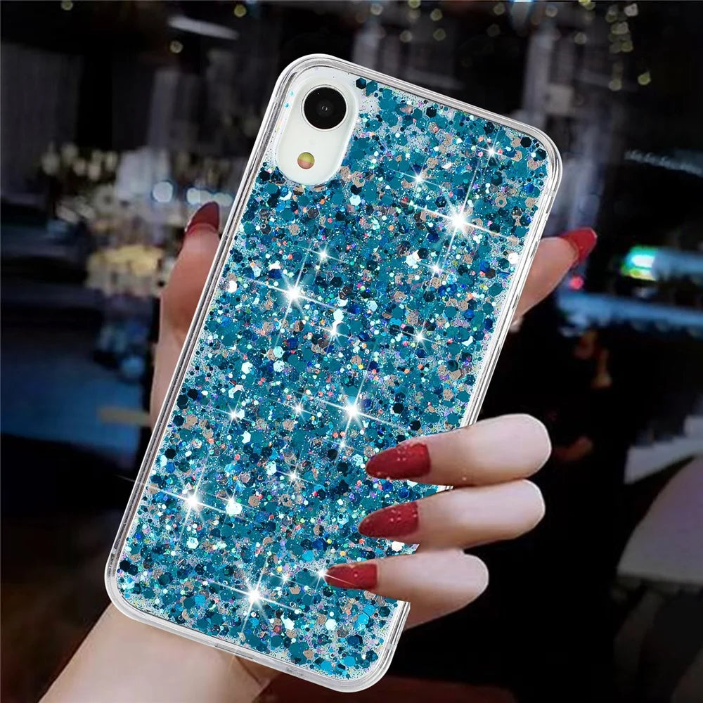 For iPhone XR 6.1 inch TPU Cell Phone Case Drop Protection Epoxy Glittery Sequins Cover - Blue - 4