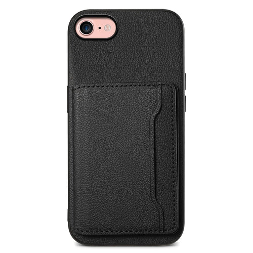For iPhone 7 / 8 / SE (2020) / SE (2022) Card Slots Case Calf Texture PU+TPU Kickstand Phone Cover - Black - 1
