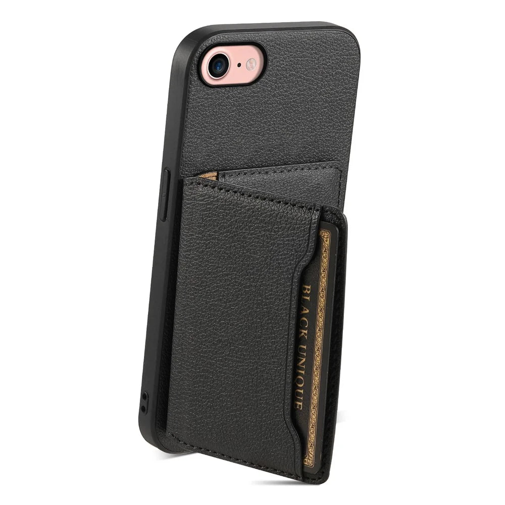 For iPhone 7 / 8 / SE (2020) / SE (2022) Card Slots Case Calf Texture PU+TPU Kickstand Phone Cover - Black - 2