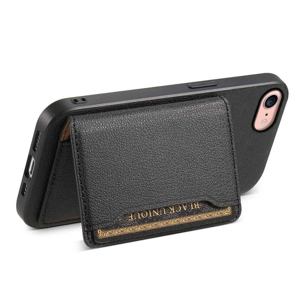 For iPhone 7 / 8 / SE (2020) / SE (2022) Card Slots Case Calf Texture PU+TPU Kickstand Phone Cover - Black - 3