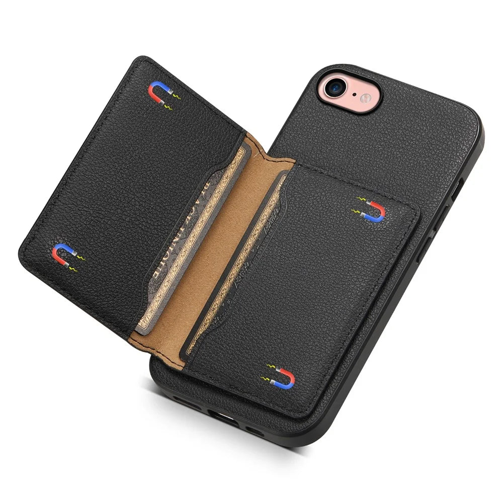 For iPhone 7 / 8 / SE (2020) / SE (2022) Card Slots Case Calf Texture PU+TPU Kickstand Phone Cover - Black - 4