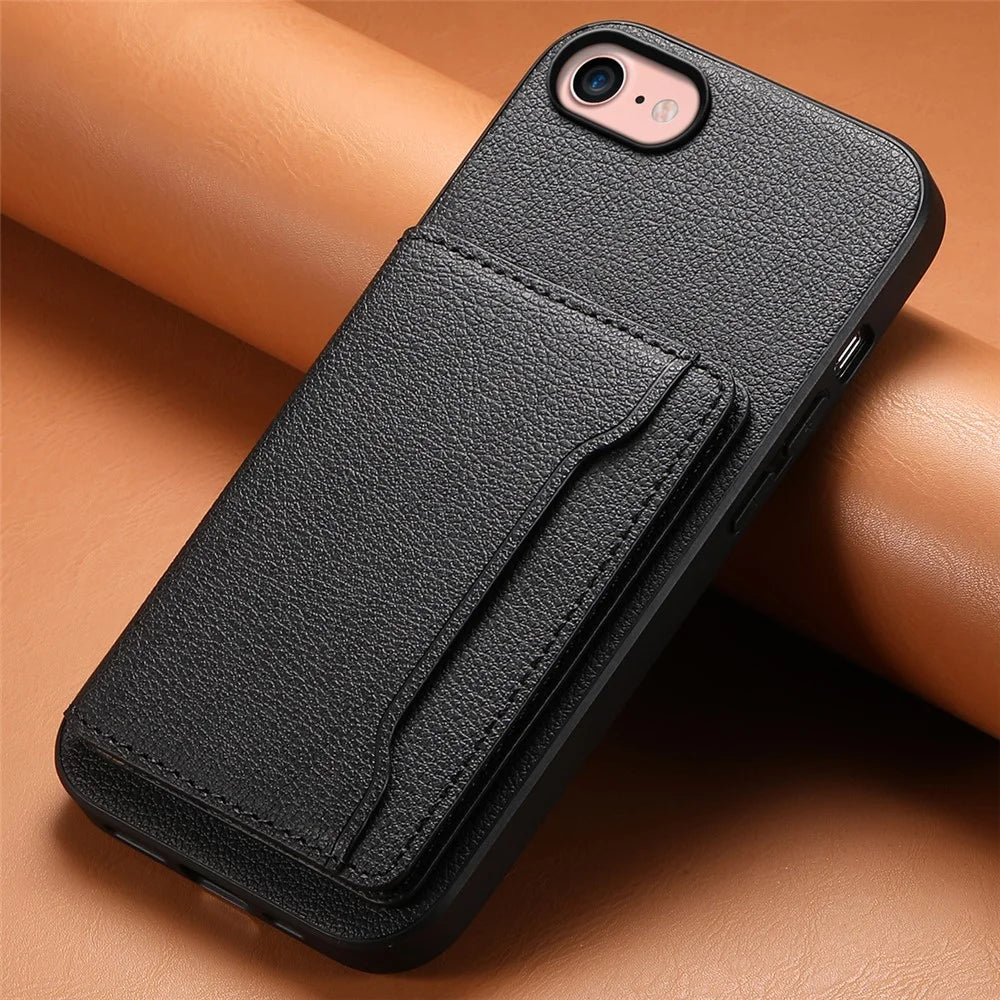 For iPhone 7 / 8 / SE (2020) / SE (2022) Card Slots Case Calf Texture PU+TPU Kickstand Phone Cover - Black - 6