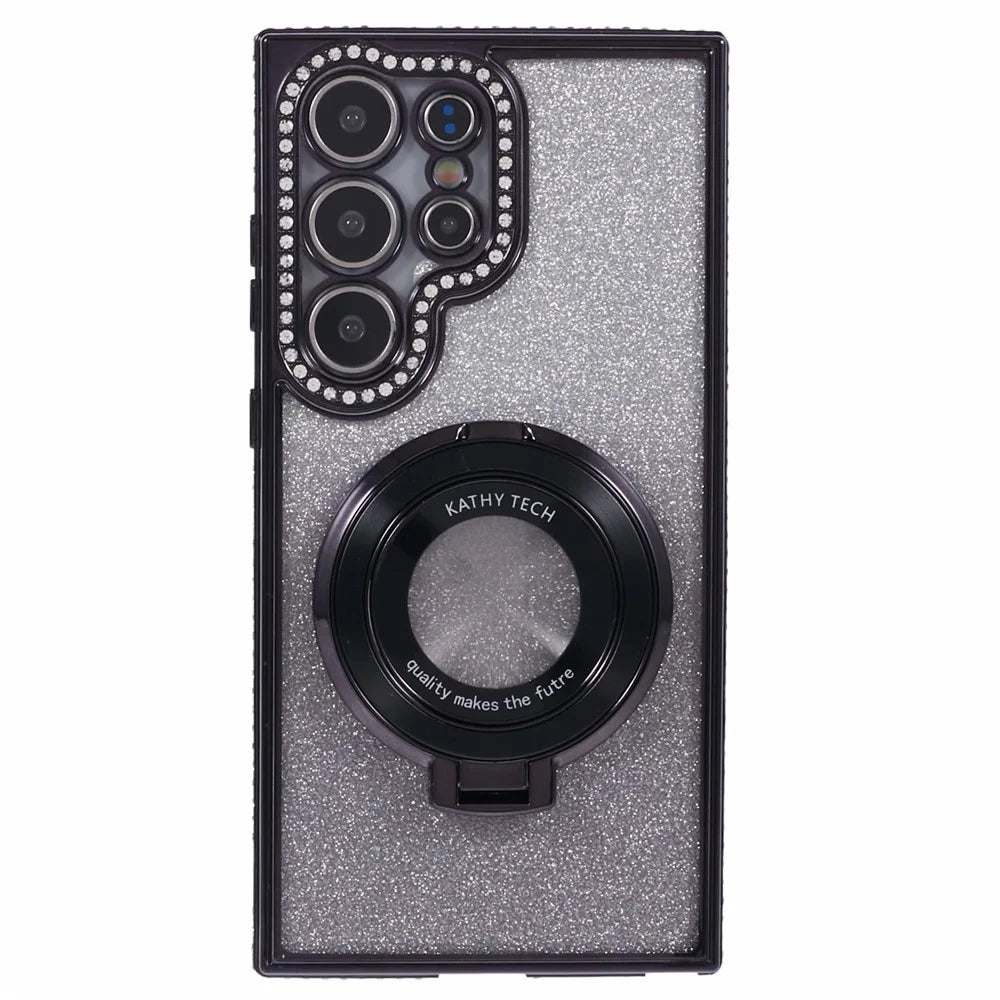 For Samsung Galaxy S24 Ultra Case TPU Rhinestones Decor Gradient Glitter Kickstand Phone Cover - Black - 1