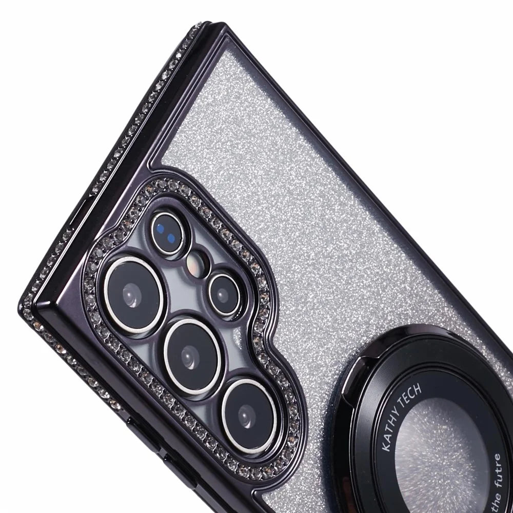 For Samsung Galaxy S24 Ultra Case TPU Rhinestones Decor Gradient Glitter Kickstand Phone Cover - Black - 7