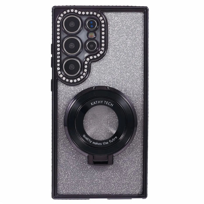 For Samsung Galaxy S23 Ultra TPU Case Rhinestone Gradient Phone Cover with Ring Kickstand - Black - 1