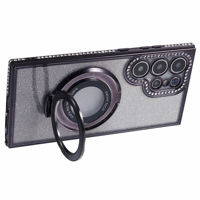 For Samsung Galaxy S23 Ultra TPU Case Rhinestone Gradient Phone Cover with Ring Kickstand - Black - 4
