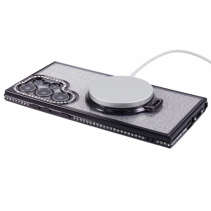 For Samsung Galaxy S23 Ultra TPU Case Rhinestone Gradient Phone Cover with Ring Kickstand - Black - 5