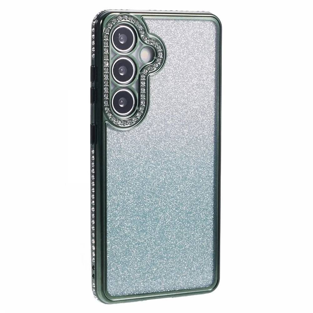 For Samsung Galaxy S24 Case Rhinestones Decorated Anti-Scratch Gradient TPU Phone Cover - Midnight Green - 3