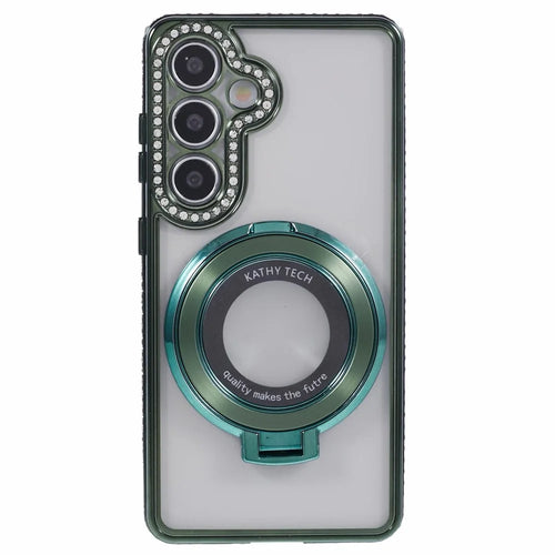 For Samsung Galaxy S24 Case TPU Rhinestones Decor Kickstand Phone Cover - Midnight Green - 1