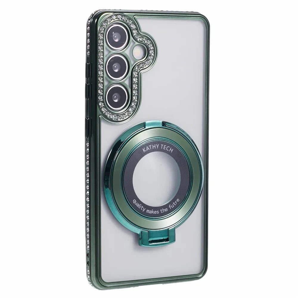 For Samsung Galaxy S24 Case TPU Rhinestones Decor Kickstand Phone Cover - Midnight Green - 3