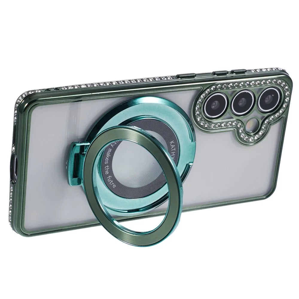 For Samsung Galaxy S24 Case TPU Rhinestones Decor Kickstand Phone Cover - Midnight Green - 4