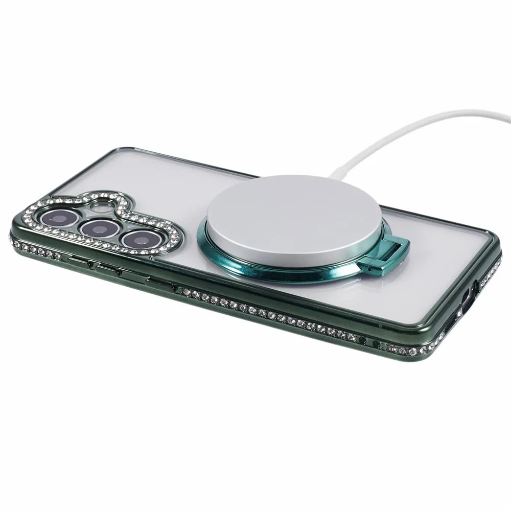 For Samsung Galaxy S24 Case TPU Rhinestones Decor Kickstand Phone Cover - Midnight Green - 5