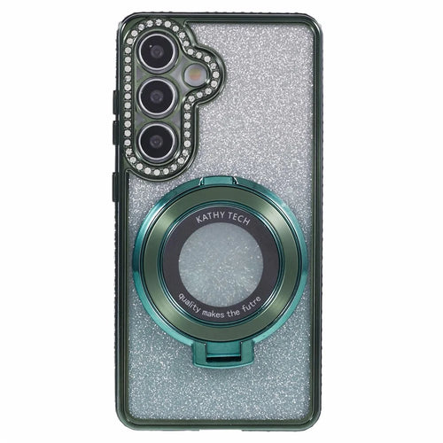 For Samsung Galaxy S24+ Case Rhinestone Lens Frame Gradient Soft TPU Phone Cover with Kickstand - Midnight Green - 1