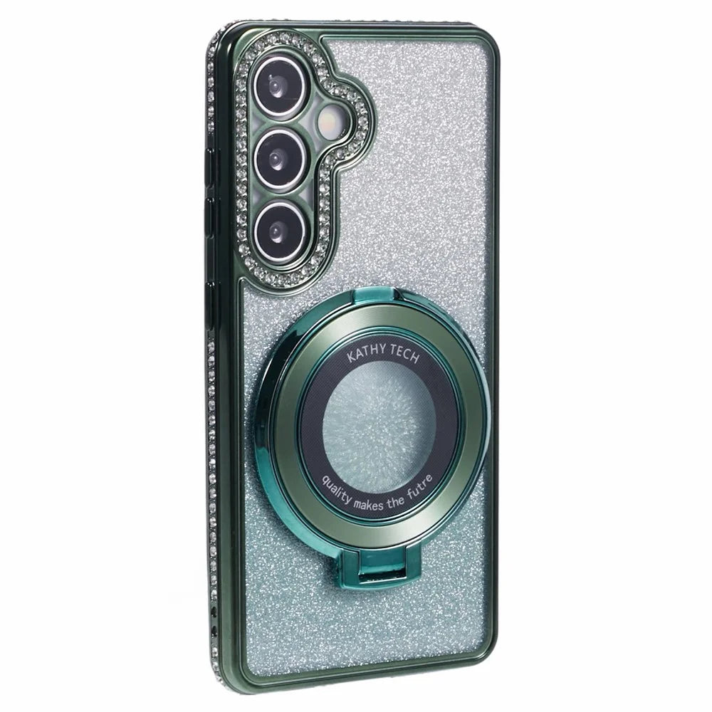 For Samsung Galaxy S24+ Case Rhinestone Lens Frame Gradient Soft TPU Phone Cover with Kickstand - Midnight Green - 3