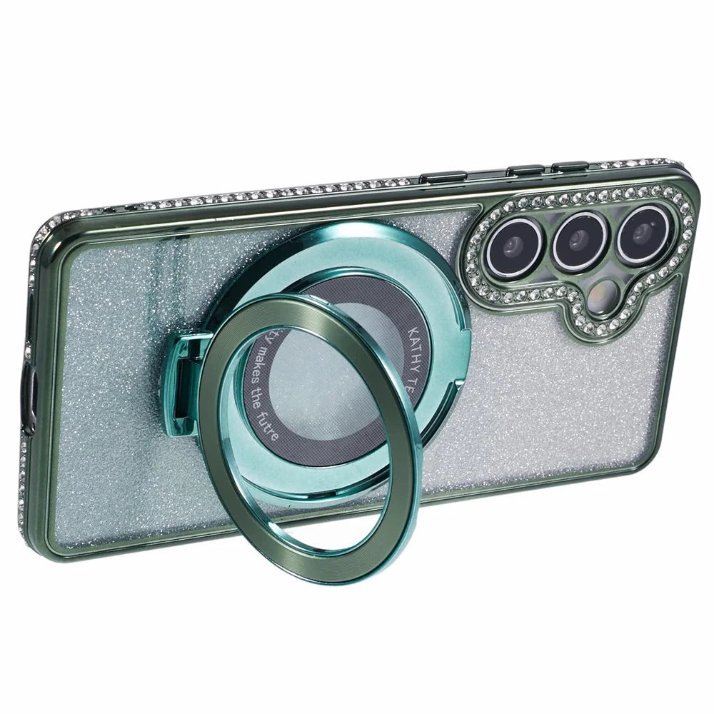For Samsung Galaxy S24+ Case Rhinestone Lens Frame Gradient Soft TPU Phone Cover with Kickstand - Midnight Green - 4
