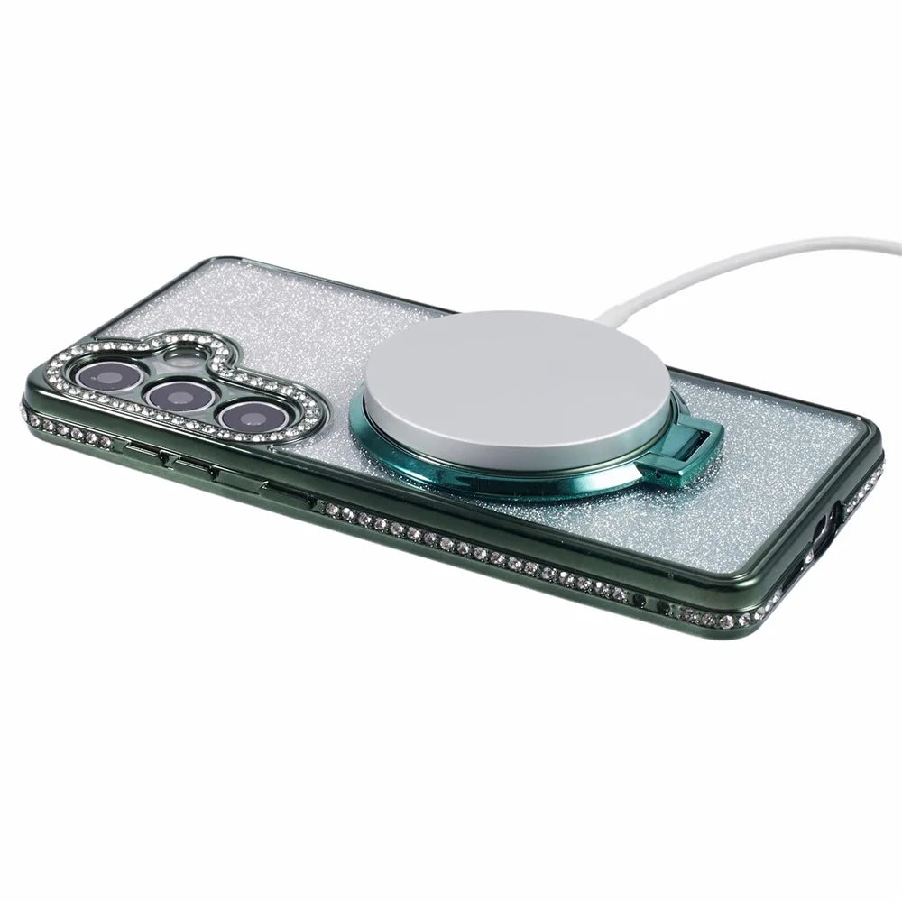 For Samsung Galaxy S24+ Case Rhinestone Lens Frame Gradient Soft TPU Phone Cover with Kickstand - Midnight Green - 5