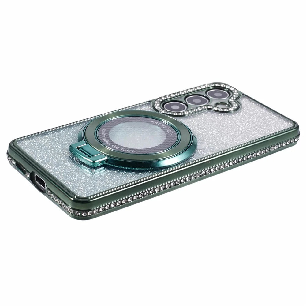 For Samsung Galaxy S24+ Case Rhinestone Lens Frame Gradient Soft TPU Phone Cover with Kickstand - Midnight Green - 6
