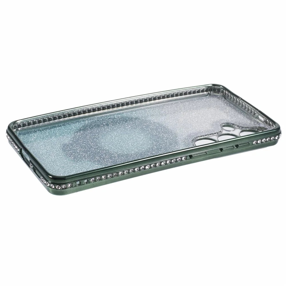 For Samsung Galaxy S24+ Case Rhinestone Lens Frame Gradient Soft TPU Phone Cover with Kickstand - Midnight Green - 7