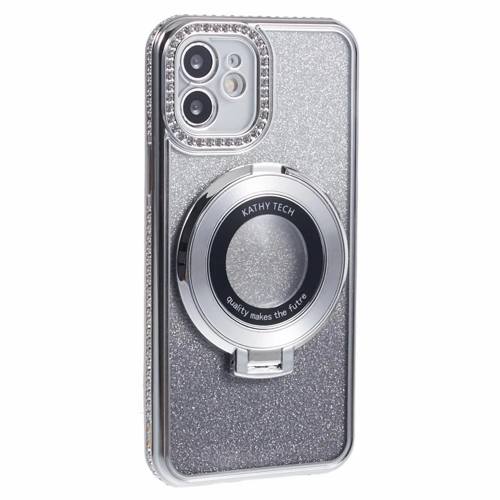 For iPhone 12 TPU Case Gradient Rhinestone Ornament Back Phone Cover with Kickstand - Silver - 3