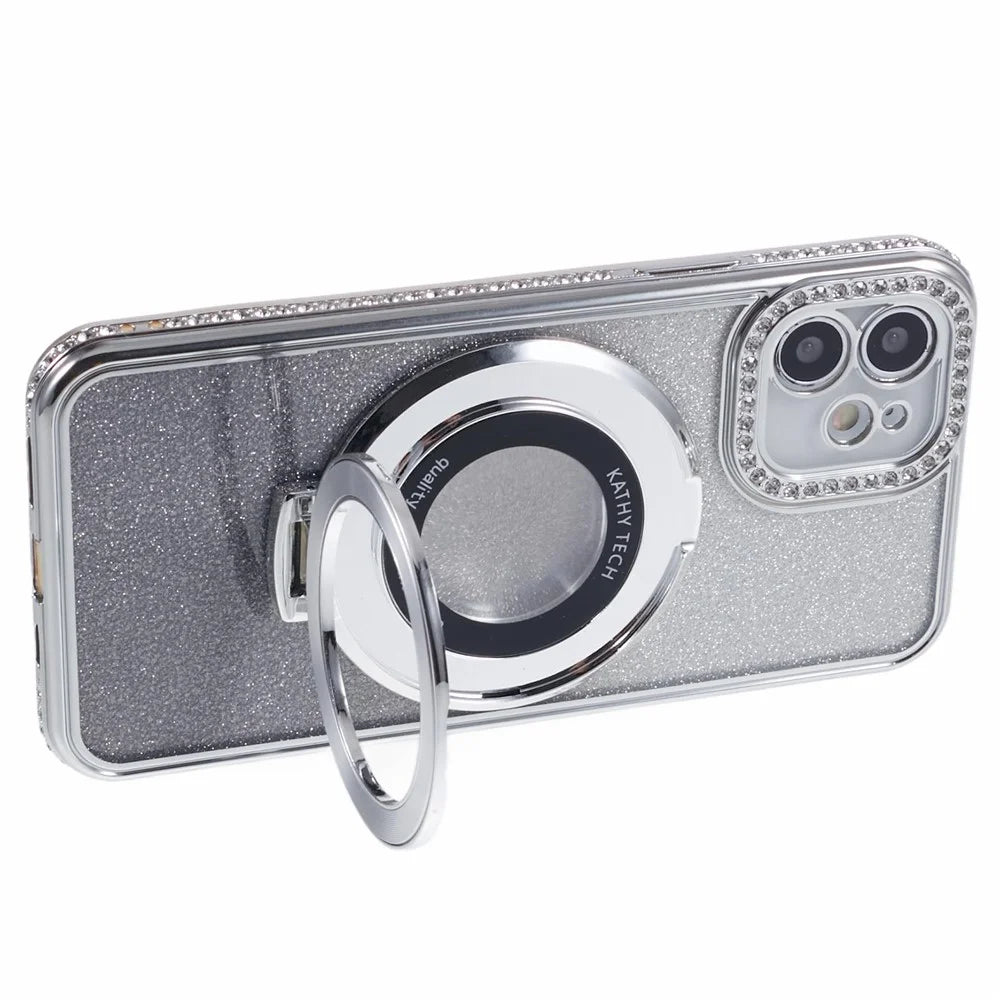 For iPhone 12 TPU Case Gradient Rhinestone Ornament Back Phone Cover with Kickstand - Silver - 4