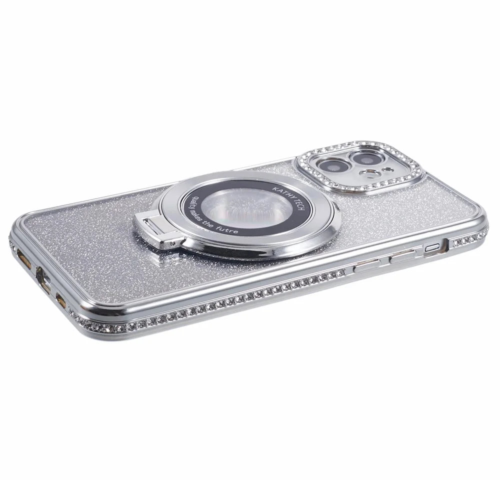 For iPhone 12 TPU Case Gradient Rhinestone Ornament Back Phone Cover with Kickstand - Silver - 6
