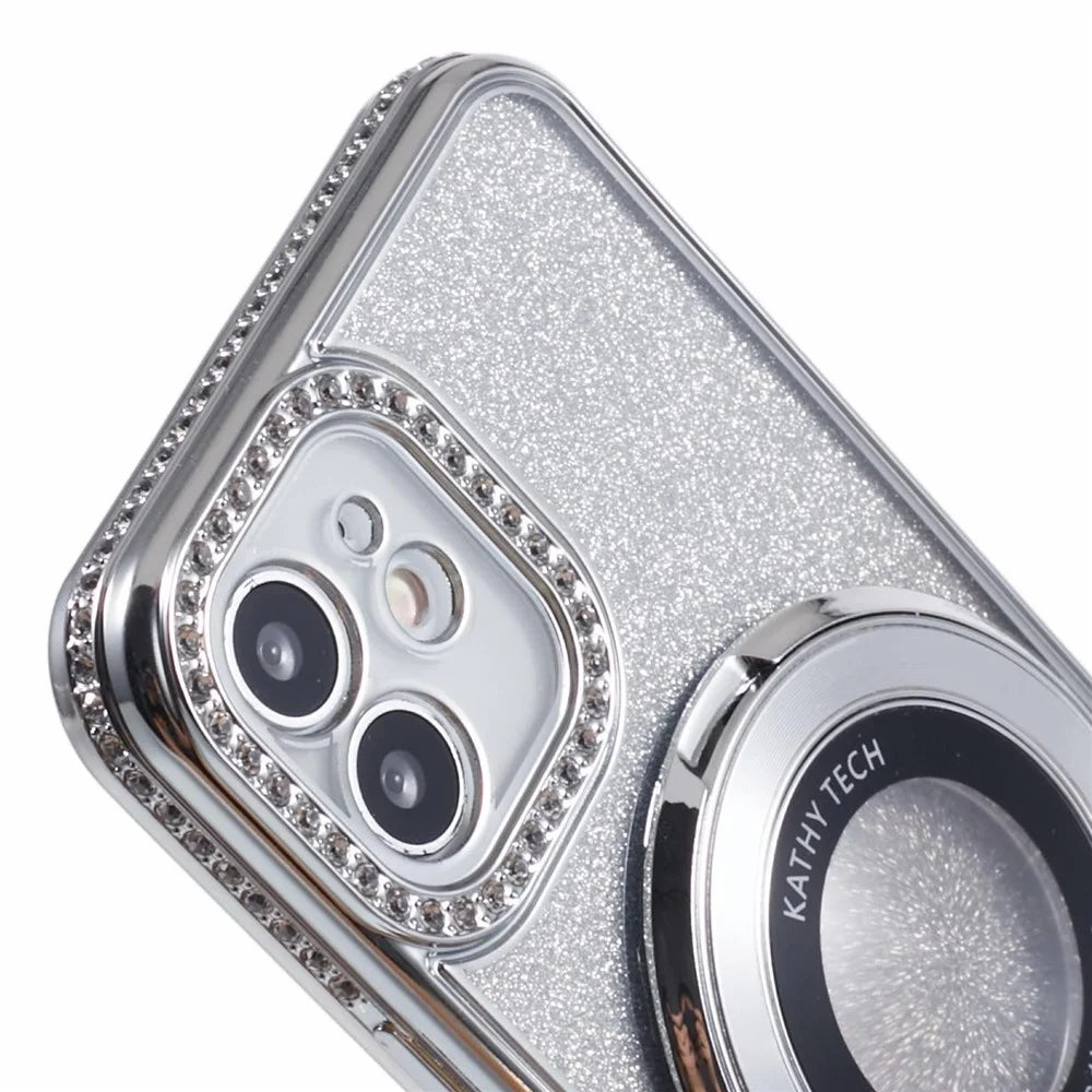 For iPhone 12 TPU Case Gradient Rhinestone Ornament Back Phone Cover with Kickstand - Silver - 7