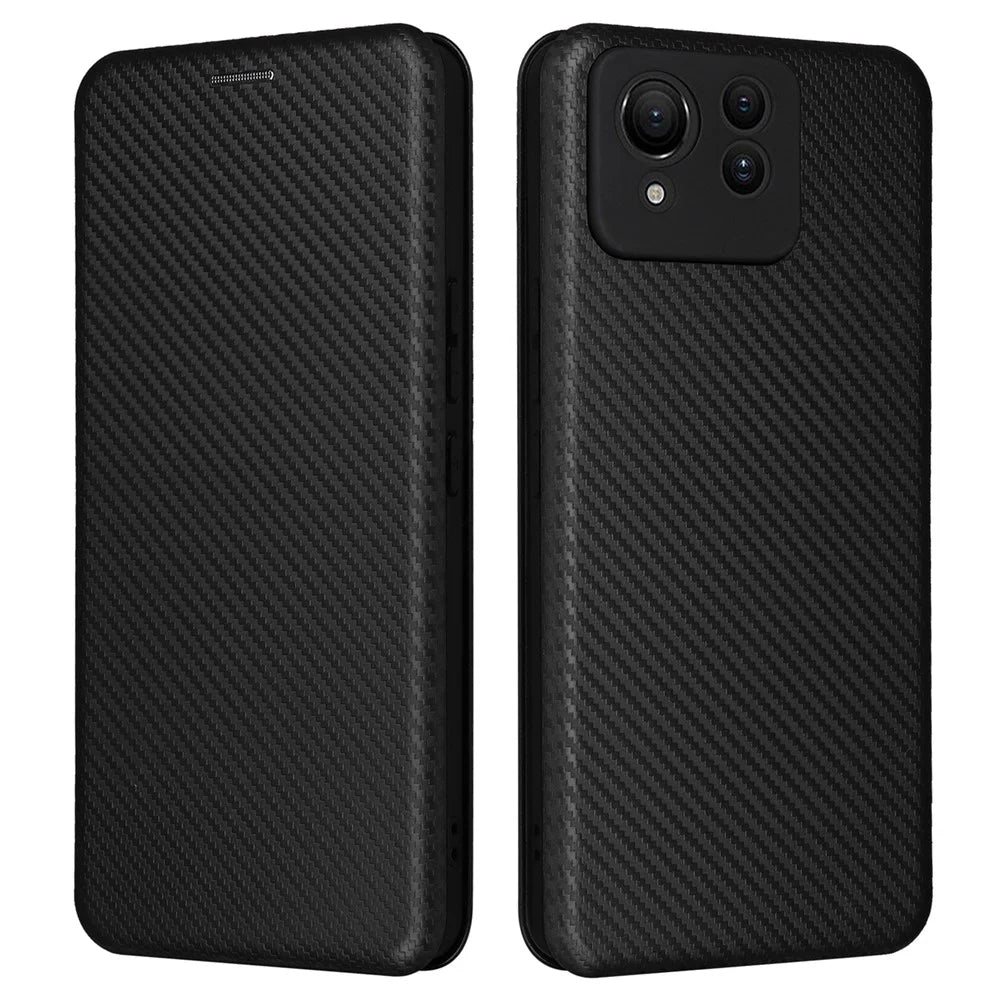 For Asus Zenfone 11 Ultra 5G Leather Case Carbon Fiber Texture Stand Magnetic Phone Cover - Black - 1
