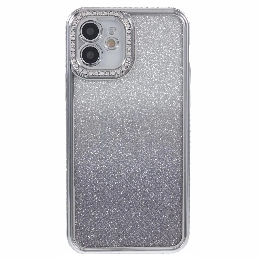 For iPhone 12 Case Scratch-Proof TPU Rhinestone Decor Gradient Phone Shell - Silver - 1