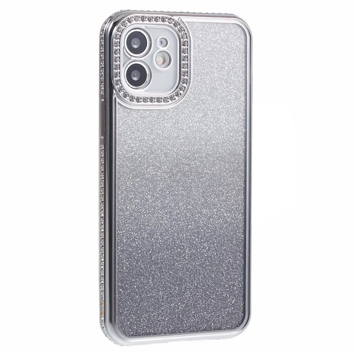 For iPhone 12 Case Scratch-Proof TPU Rhinestone Decor Gradient Phone Shell - Silver - 3