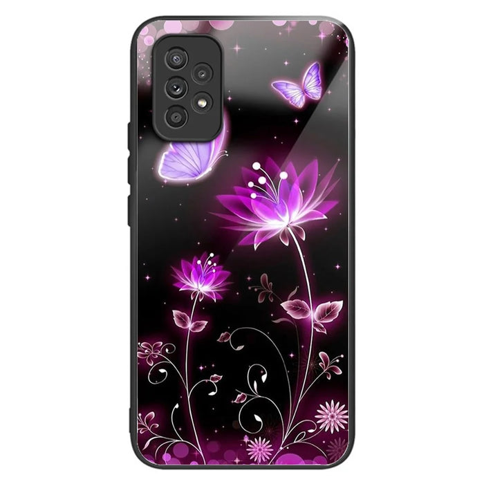 For Samsung Galaxy A53 5G Case Pattern Design Anti-Scratch Tempered Glass Phone Cover - Fluorescent Lotus - 1