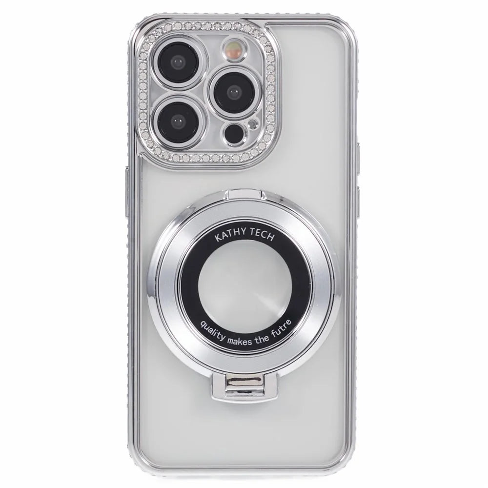 For iPhone 14 Pro Max Rhinestones Decor Ring Kickstand TPU Phone Cover - Silver - 1