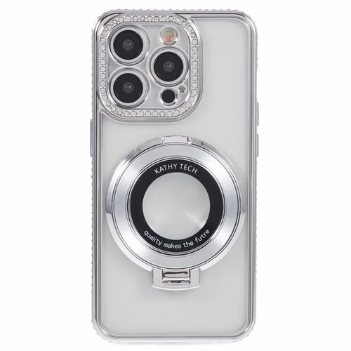 For iPhone 14 Pro Max Rhinestones Decor Ring Kickstand TPU Phone Cover - Silver - 1