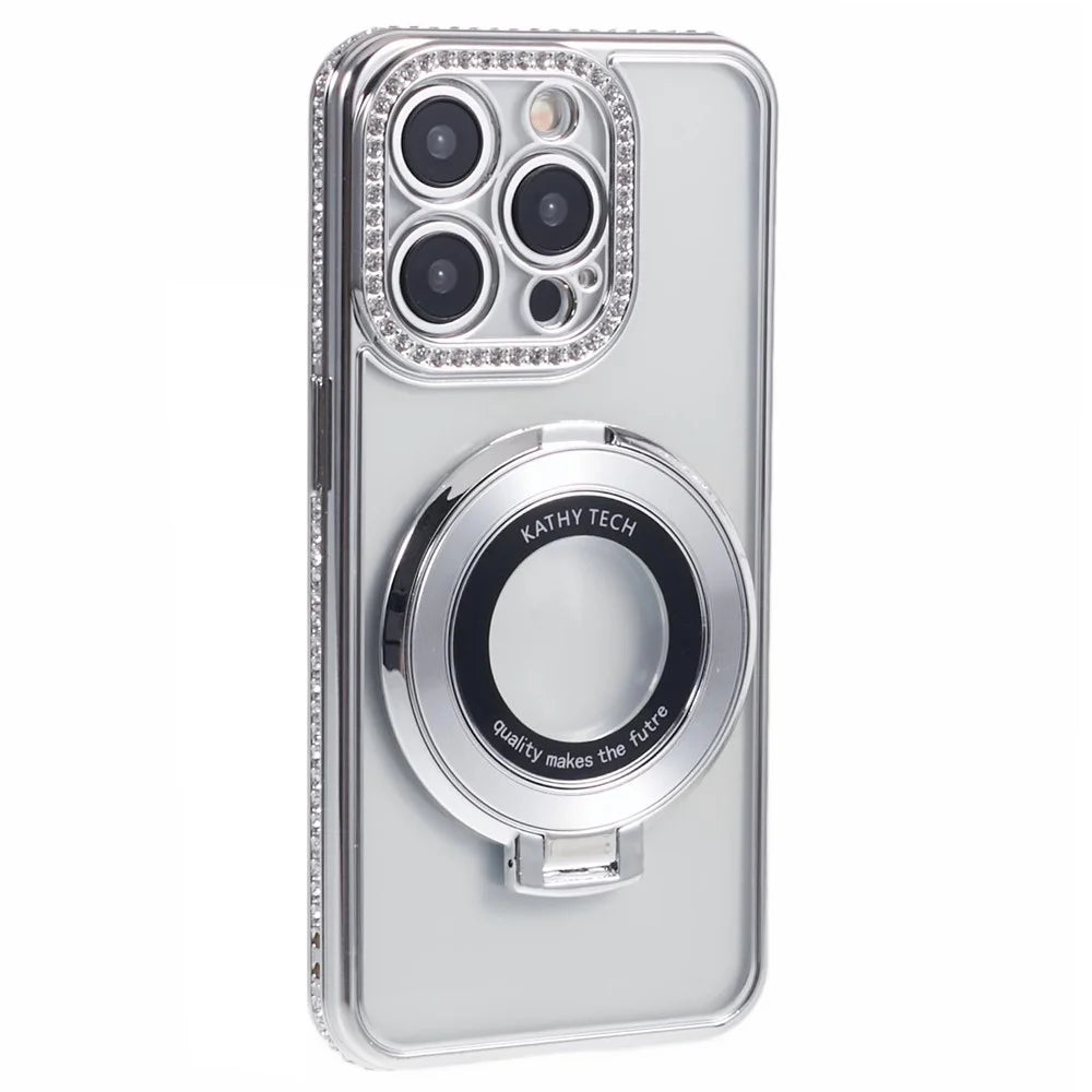 For iPhone 14 Pro Max Rhinestones Decor Ring Kickstand TPU Phone Cover - Silver - 3