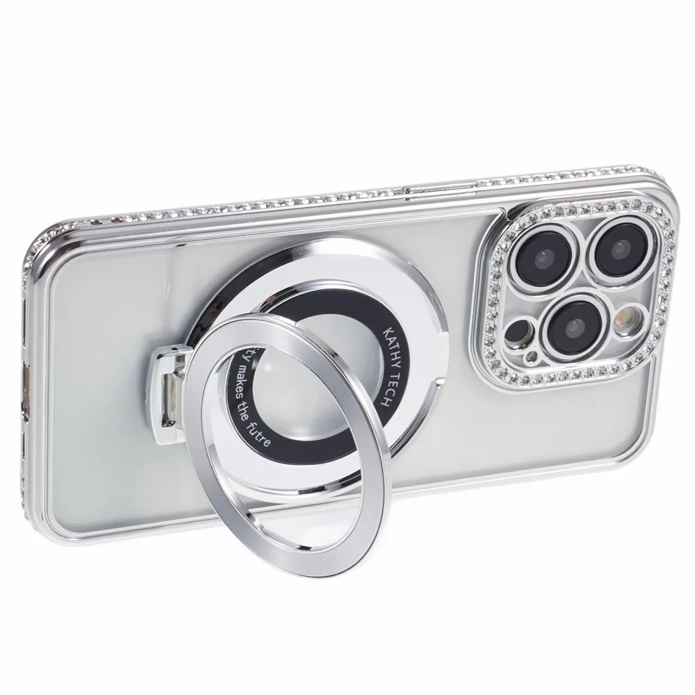 For iPhone 14 Pro Max Rhinestones Decor Ring Kickstand TPU Phone Cover - Silver - 4