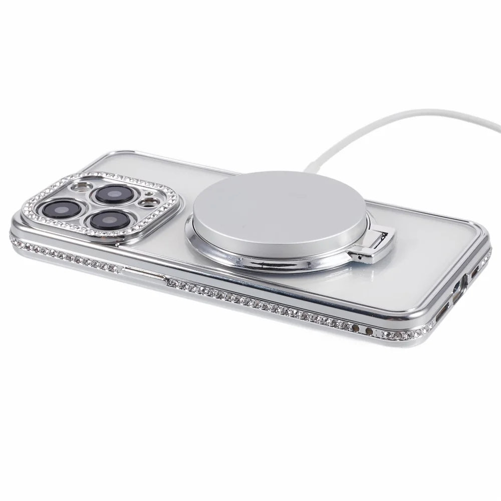 For iPhone 14 Pro Max Rhinestones Decor Ring Kickstand TPU Phone Cover - Silver - 5