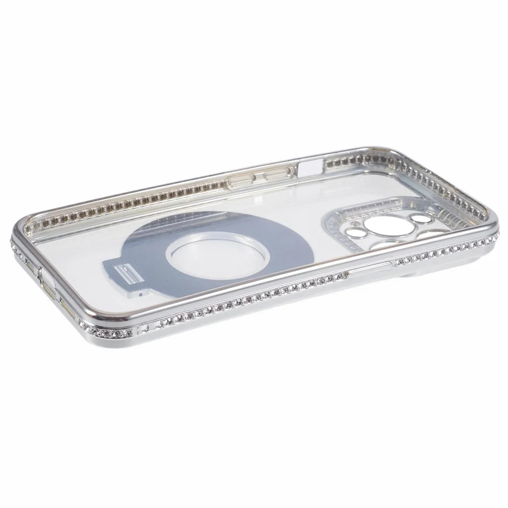 For iPhone 14 Pro Max Rhinestones Decor Ring Kickstand TPU Phone Cover - Silver - 6