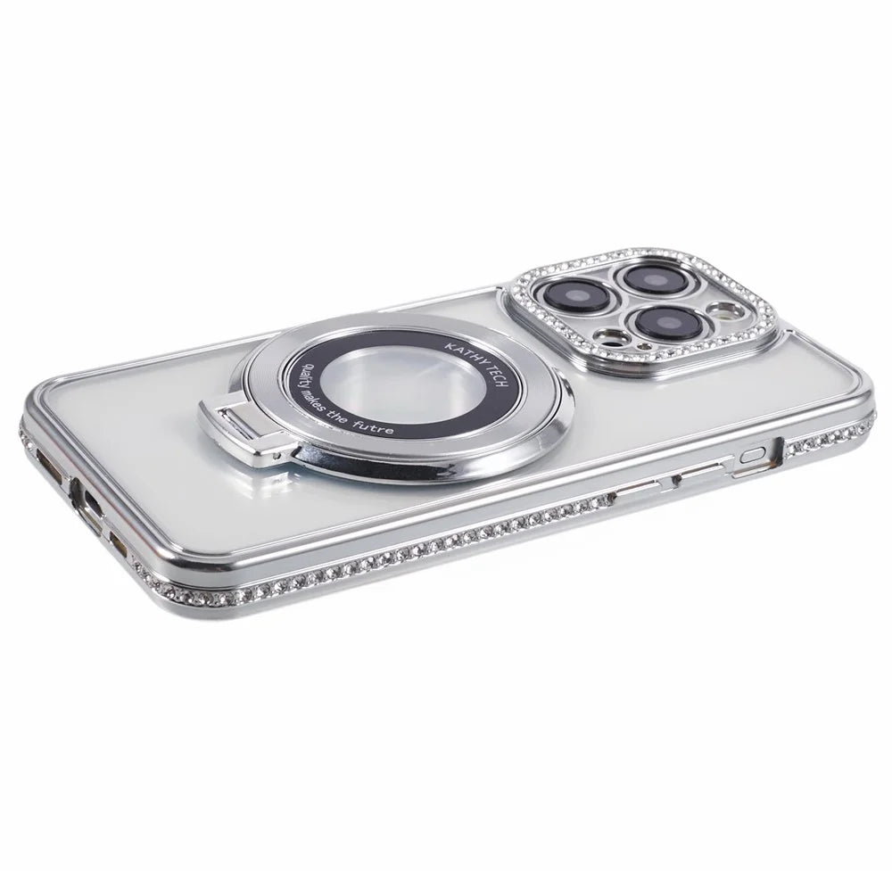 For iPhone 14 Pro Max Rhinestones Decor Ring Kickstand TPU Phone Cover - Silver - 7