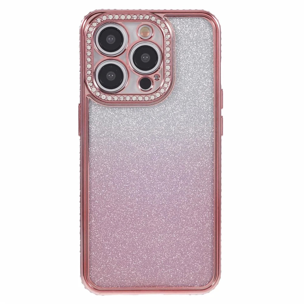 For iPhone 15 Pro Case Anti-Drop Gradient TPU Phone Case Rhinestones Decorated - Rose Gold - 1