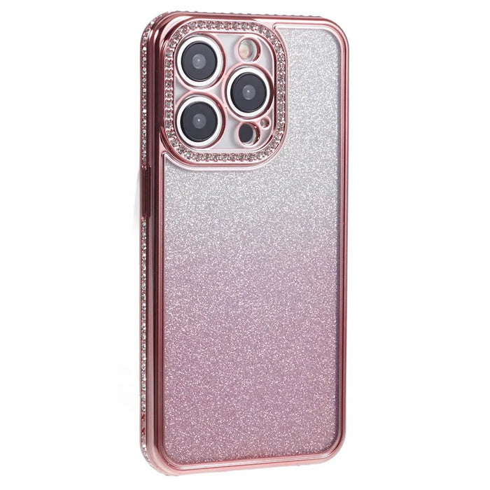 For iPhone 15 Pro Case Anti-Drop Gradient TPU Phone Case Rhinestones Decorated - Rose Gold - 3