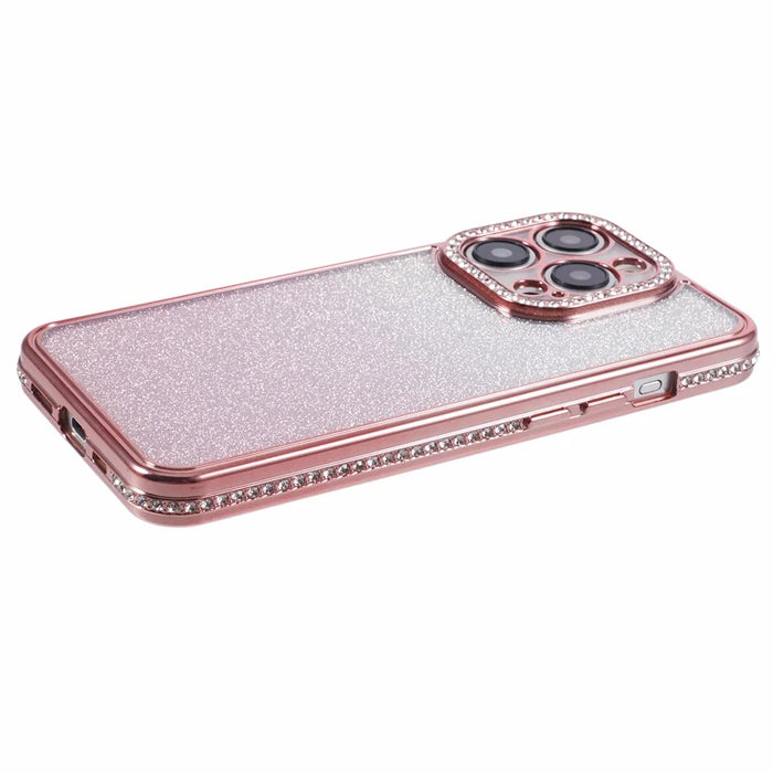 For iPhone 15 Pro Case Anti-Drop Gradient TPU Phone Case Rhinestones Decorated - Rose Gold - 5