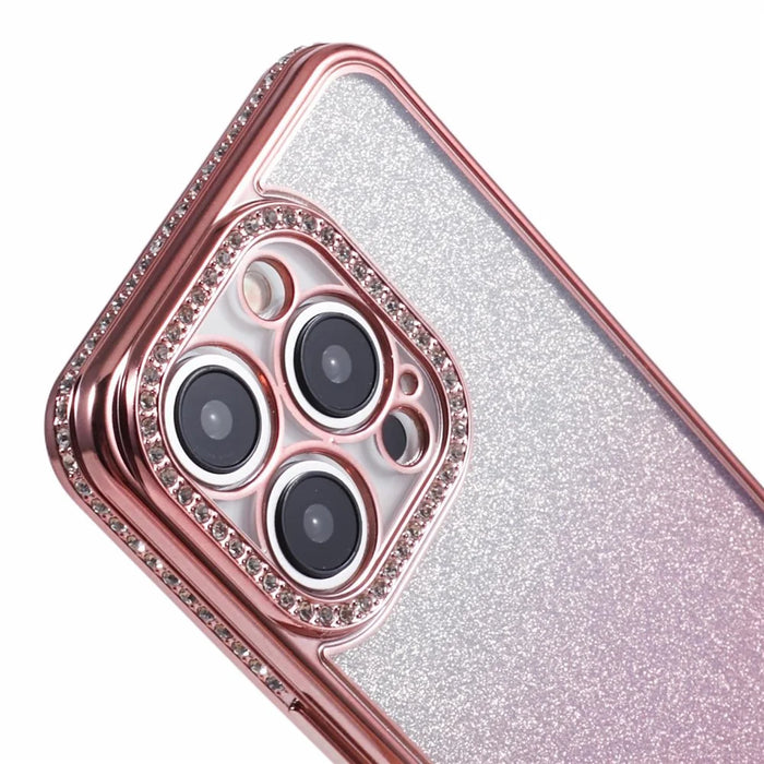For iPhone 15 Pro Case Anti-Drop Gradient TPU Phone Case Rhinestones Decorated - Rose Gold - 6