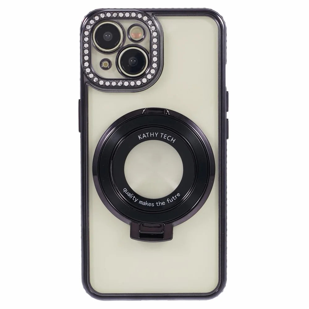 For iPhone 15 Case with Ring Kickstand TPU Anti-Dust Rhinestones Decor Protective Cover - Black - 1