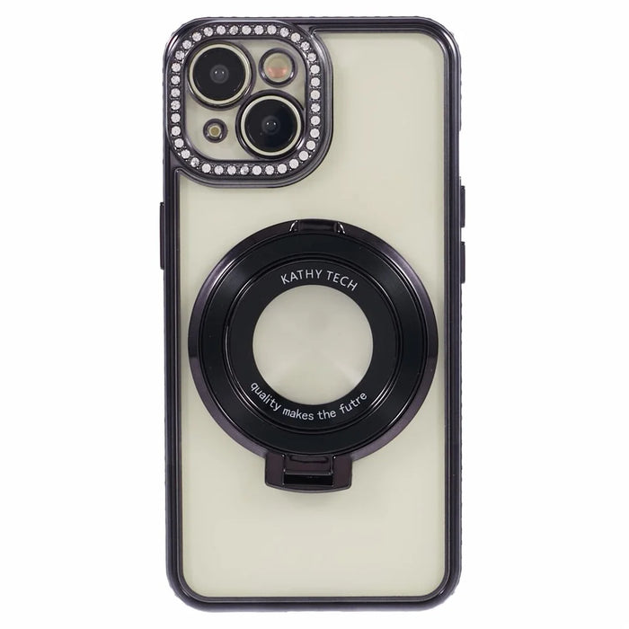 For iPhone 15 Case with Ring Kickstand TPU Anti-Dust Rhinestones Decor Protective Cover - Black - 1