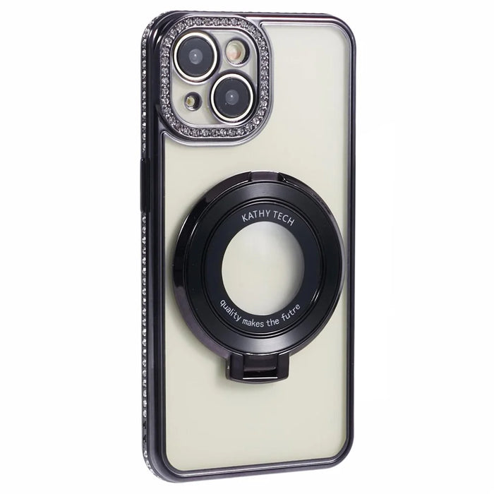 For iPhone 15 Case with Ring Kickstand TPU Anti-Dust Rhinestones Decor Protective Cover - Black - 3
