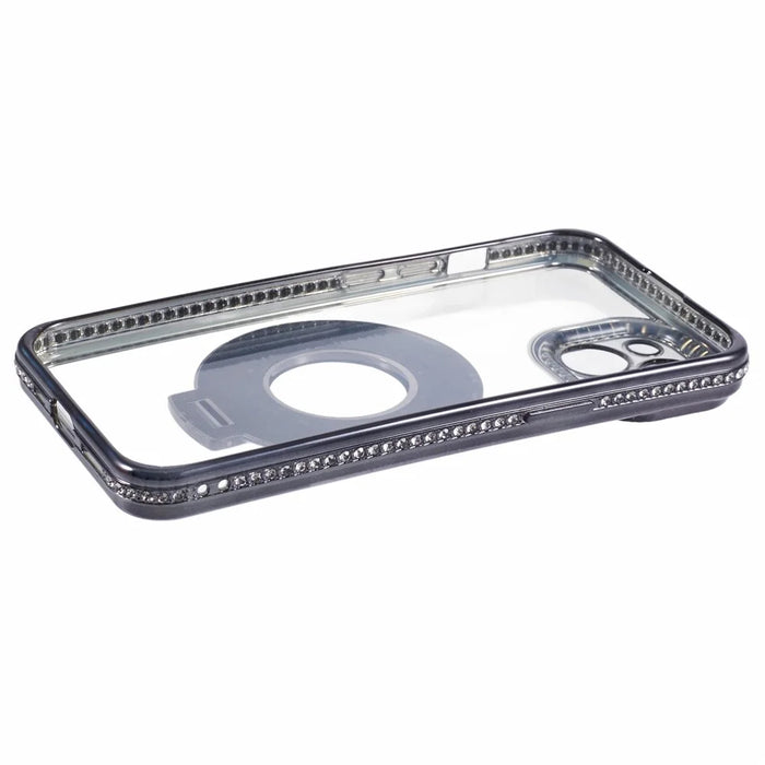 For iPhone 15 Case with Ring Kickstand TPU Anti-Dust Rhinestones Decor Protective Cover - Black - 5