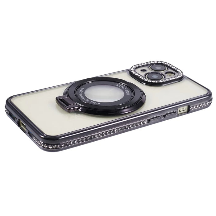 For iPhone 15 Case with Ring Kickstand TPU Anti-Dust Rhinestones Decor Protective Cover - Black - 6