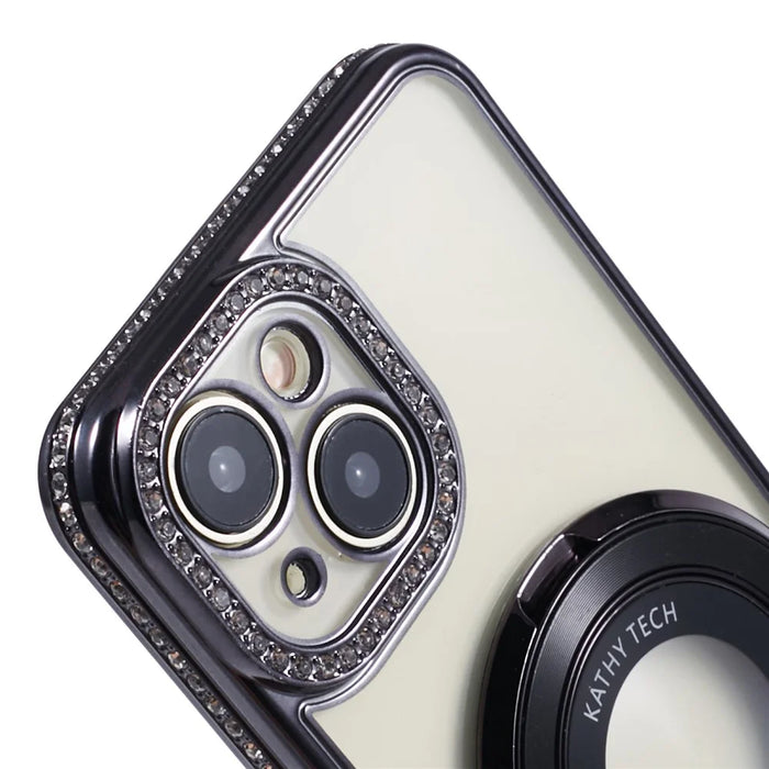 For iPhone 15 Case with Ring Kickstand TPU Anti-Dust Rhinestones Decor Protective Cover - Black - 7