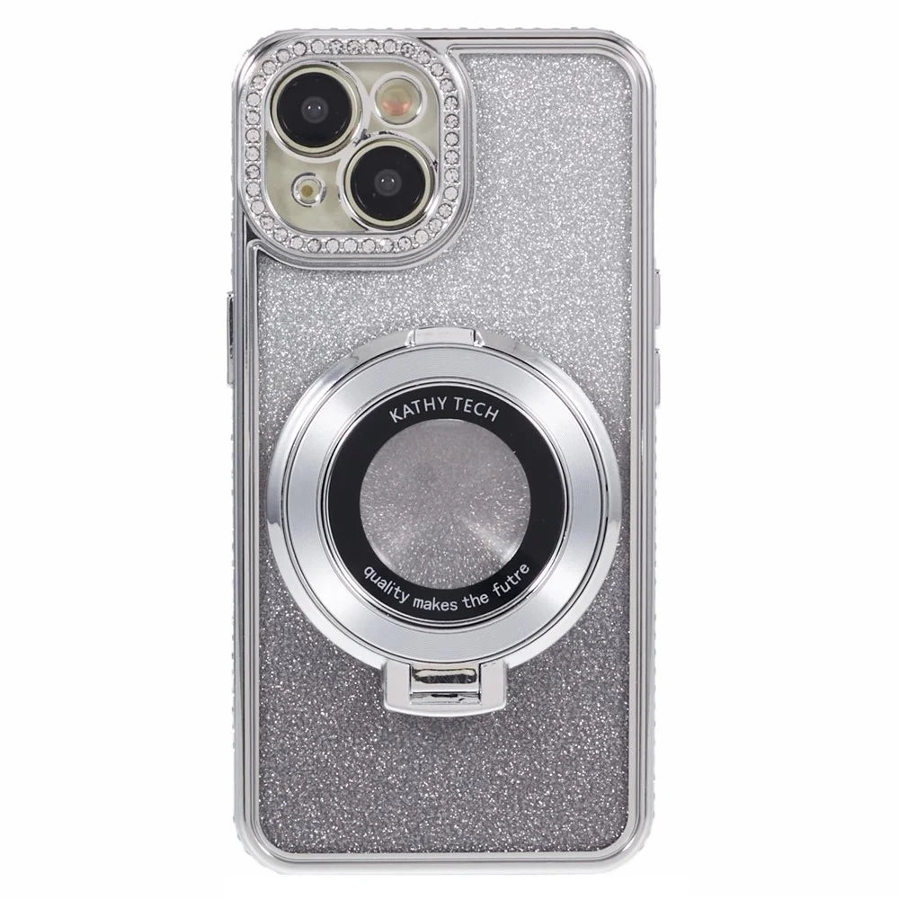For iPhone 15 Plus Gradient Case Kickstand Shiny Rhinestone Decor TPU Phone Cover - Silver - 1