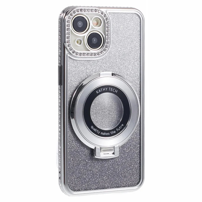 For iPhone 15 Plus Gradient Case Kickstand Shiny Rhinestone Decor TPU Phone Cover - Silver - 3